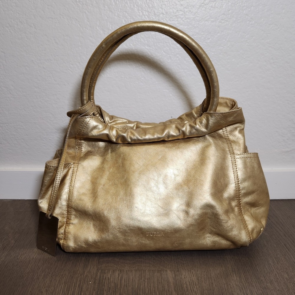 Vintage Furla Metallic Gold Leather Satchel Shoulder Bag Purse Italy Minimalist